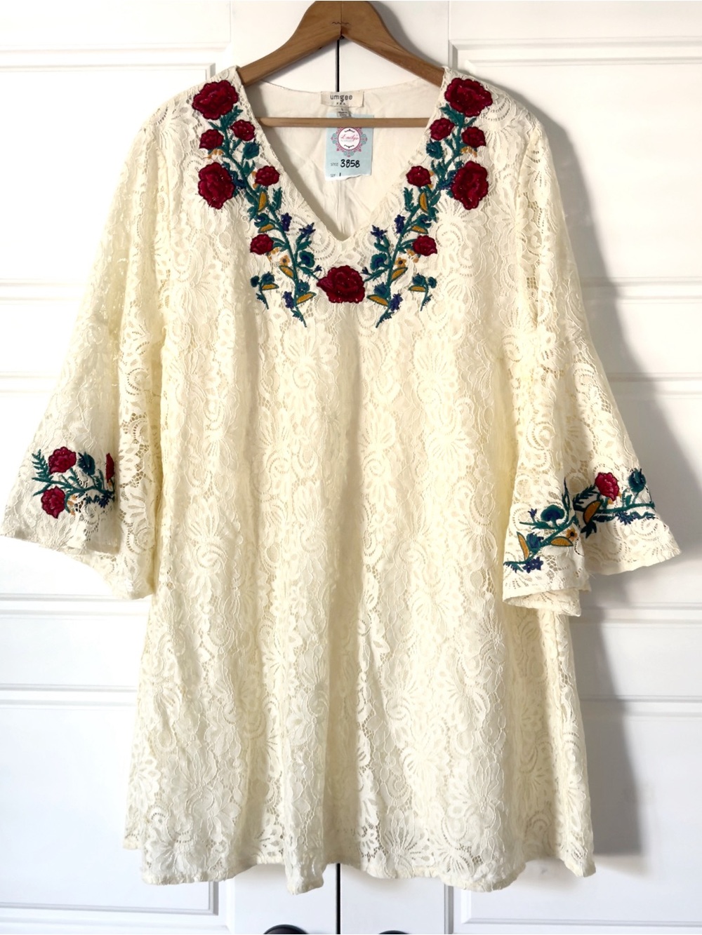 Umgee Cream Lace Mini Dress with Red Rose Embroidery